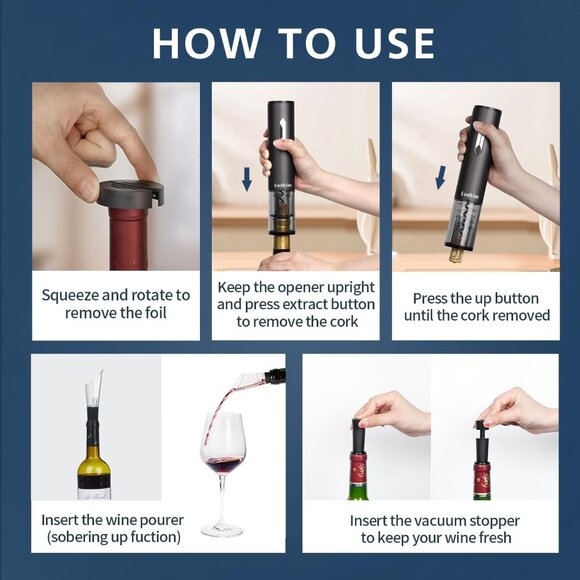 5-in-1 Electric Wine Opener Set with Foil Cutter, Aerator & Vacuum Stoppers - Picture 6 of 7